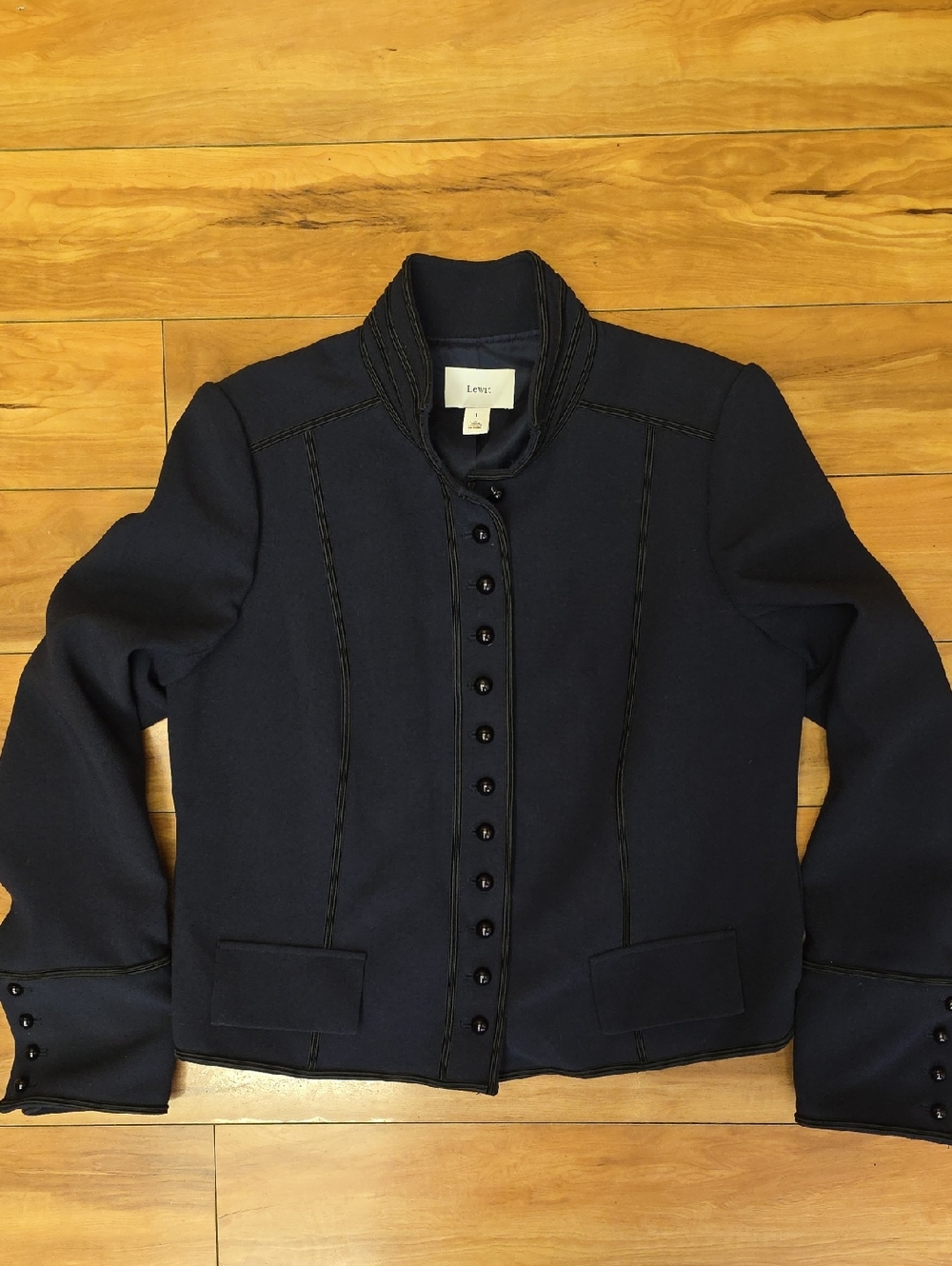 Lewit Navy Button-Front Piped Military-Inspired Tailored Jacket Size L - Picture 2 of 12